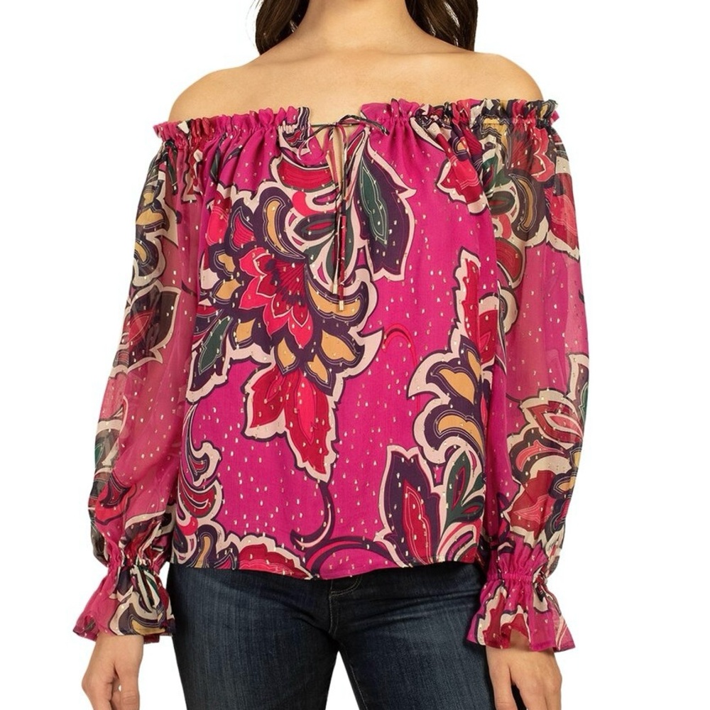 Trina Turk NWT Silk-Blend Vibrant Floral Off-Shoulder Long Sleeve Blouse
